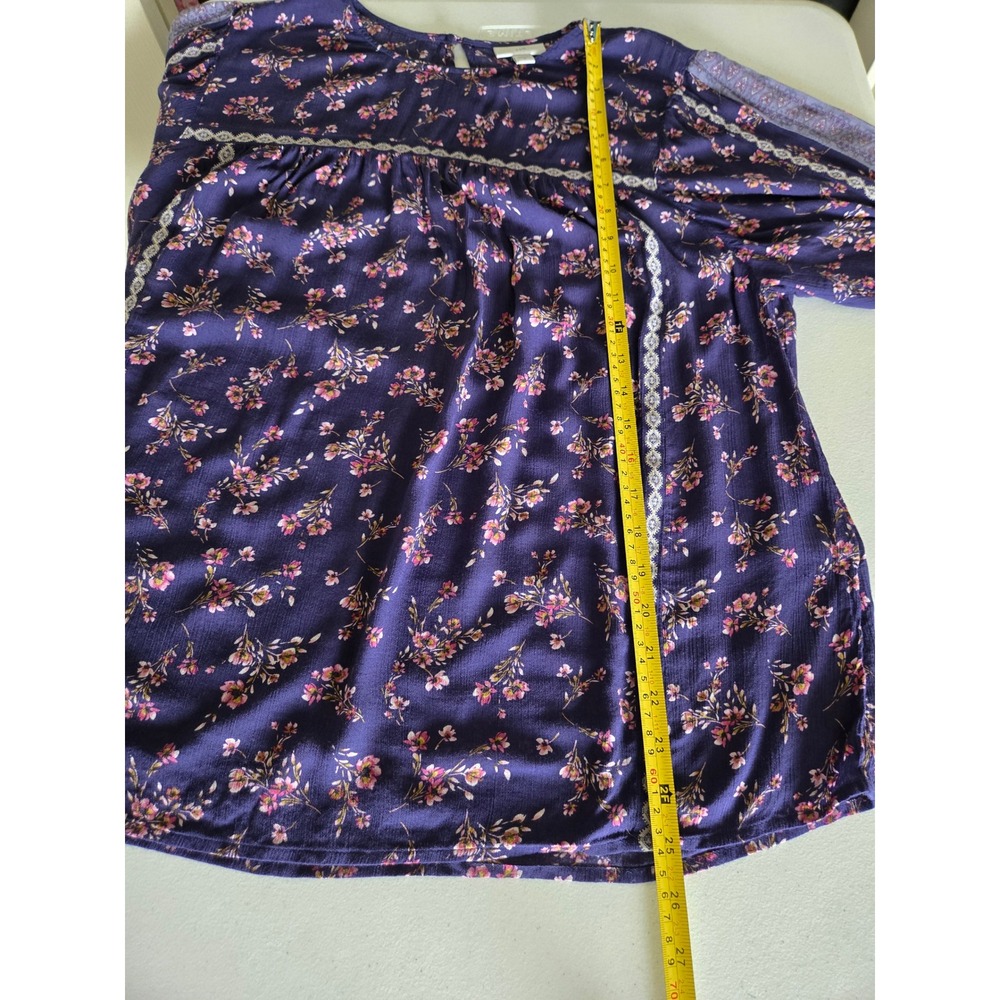 J. Jill Womens Medium Floral Boho Peasant Top Navy Blue Pink Rayon Wide Sleeve - Picture 9 of 10